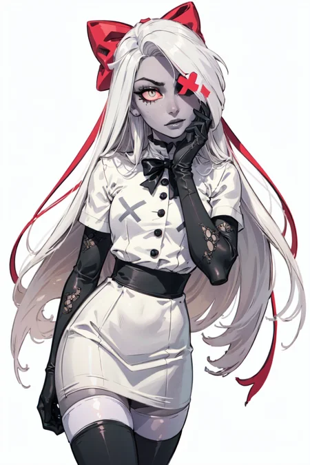 (Vaggie:1.0), (casual outfit, white dress, stockings, gloves:1.5), (pastel-pink sclera, black pupil, grey skin, white hair, long hair, hair bow:1.2), (white background:1.5), (realistic:1.2), (masterpiece:1.2), (full-body-shot:1),(Cowboy-shot:1.2), neon lighting, dark romantic lighting, (highly detailed:1.2),(detailed face:1.2), (gradients), colorful, detailed eyes, (detailed landscape:1.2), (natural lighting:1.2), (cute pose:1.2), (solo, one person, 1girl:1.5), standing, <lora:VaggieHazbinHotel-09:0.8> <lora:add_detail:0.15> <lora:hipoly3DModelLora_v10:0.05> <lora:RSERomantic_RSESofiko_RSEEmma-v1:0.1> <lora:BeautifulEyes:0.65> <lyco:coloredSkin-08:0.4>