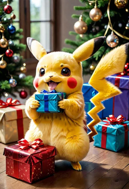 photo of a pikachu holding a present, being super happy and smiling