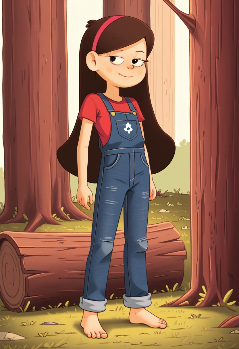 Well drawn, bold outline,
2d, vector, line, detailed, perfect hands,
gravity falls, mabel pines,
Long hair, brown hair, pink hairband, 
Shorty, skinny, undersized, thin, petite, flat chested, 
Half closed eyes,
brown eyes, eyelashes, snake eyes. 
Fit brawny body,
Muscular, 
denim overalls,
red sports top.,
barefoot, on tiptoes, parted legs, shacking ass dance, strip tease dance,