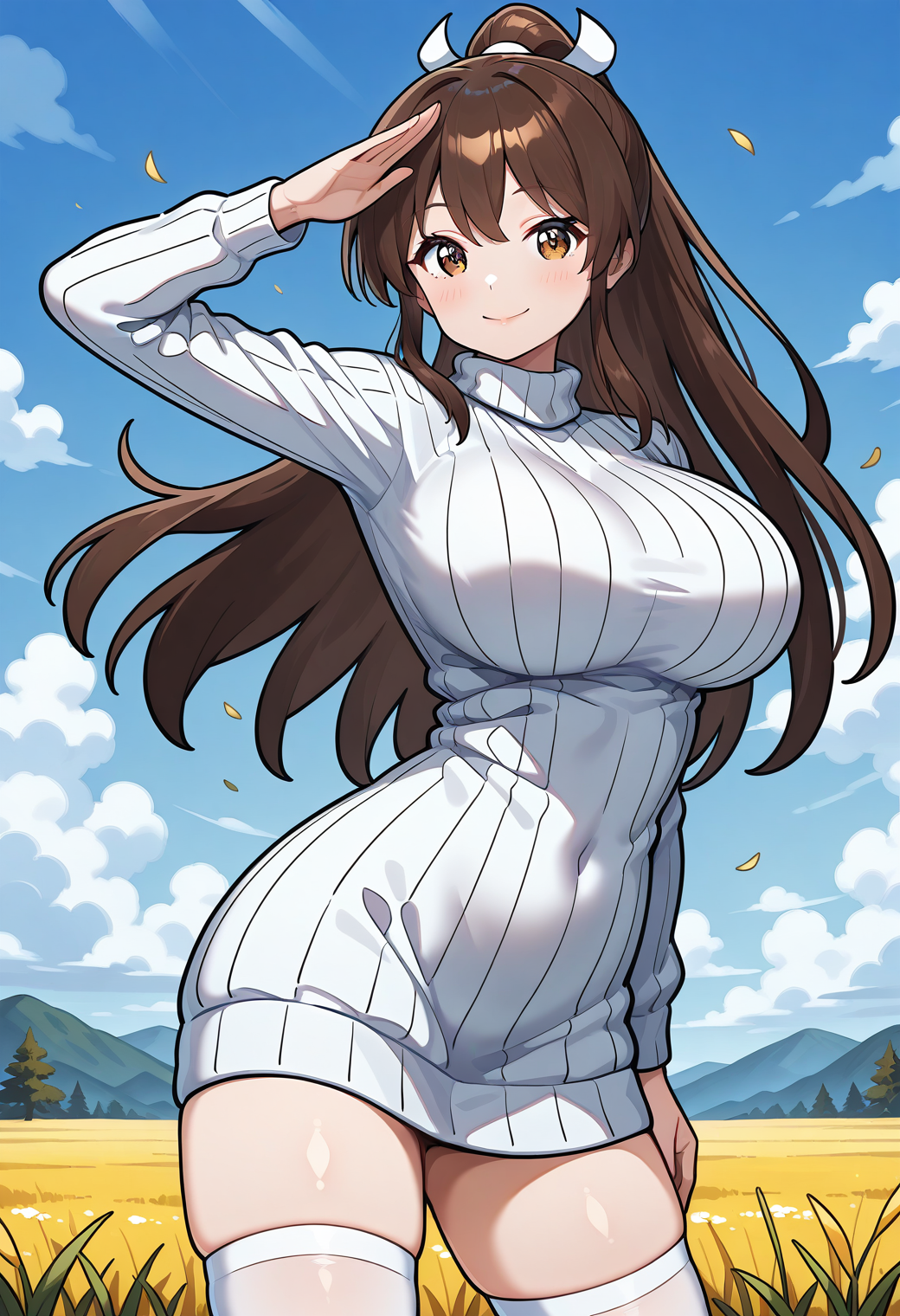 ranmaru, brown eyes, brown hair, long hair, ponytail, high ponytail, hair ribbon, sweater dress, ribbed sweater, white sweater, turtleneck, long sleeves, white thighhighs, zettai ryouiki, <lora:ranmaru_illustrious_ver1:0.8> 
smile,, 1girl, solo, (field:1.2), (blue sky:1.2), looking at viewer,, masterpiece, best quality, general,, (cowboy shot, dynamic pose:1.4),