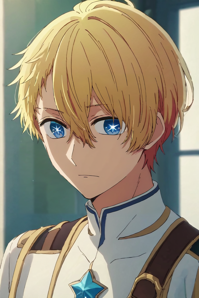 score_9, score_8_up, score_7_up, score_6_up, score_5_up, score_4_up, BREAK source_anime, anime screencap, , , looking at viewer, upper body, depth of field, 1boy, solo, male focus, <lora:aquamarine_hoshino_pony:0.96>, aquamarine_hoshino, blonde hair, blue eyes, , hair between eyes, short hair, symbol-shaped pupils, star-shaped pupils, renaissance costume, time travel, , <lora:sdxl_lightning_8step_lora:1>