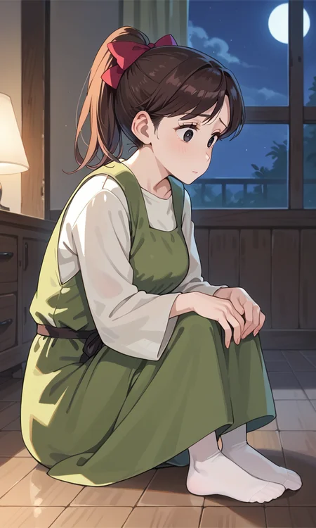 (1girl:1.5), (solo:1.3), (score_9, score_8_up, score_7_up, score_6_up, score_5_up, score_4_up), (source_anime), rating_questionable, (full body:1.3),
(black eyes, eyelashes, brown hair, swept bangs, long hair, sad), <lora:shin-derayla-maid_v2:1> (shin-derayla-maid), (ponytail, red hair bow, green dress, pinafore dress, miniskirt, long sleeves shirt, wide sleeves), (large breasts),
indoors, (night:1.5),(from side, wooden floor, sitting on floor, holding own knees:1.3),