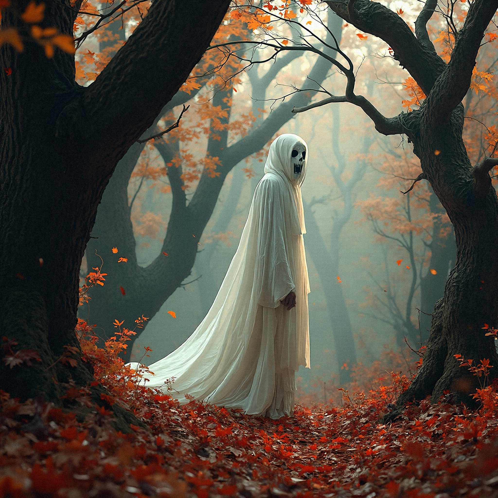 a photorealistic scene of a ghostly figure in an autumnal forest. The figure is draped in a flowing white robe, shrouding its body and face, with only hollow black eyes and a small, dark mouth visible, giving it a spectral yet serene appearance. The forest is populated with ancient, gnarled trees whose twisted branches reach toward the ghost, their bark rich with texture and detail, showing signs of age and decay. The forest floor and the ghost’s robe are scattered with red and orange leaves, their vibrant colors contrasting with the figure’s ethereal white. The background is a warm palette of deep reds, burnt oranges, and browns, evoking the essence of a mist-laden forest at dusk. Gentle shadows and soft ambient light filter through the trees, enhancing the ghost’s eerie glow and creating an atmospheric blend of tranquility and mystery. The scene captures a surreal beauty, where nature’s decay and the otherworldly presence of the ghost coexist in a hauntingly beautiful harmony.

With arms draped across the shoulders, creating a cloak-like effect.

