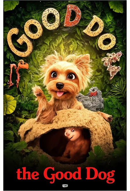 The image shows a vibrant, animated movie poster inspired by the whimsical style of a Pixar film, with a charming Yorkshire Terrier named Allab taking center stage. Allab, with her soft, golden fur and twinkling, expressive eyes, is depicted in a playful stance, ready to strike a pose. Instead of barking, she's wearing a mischievous grin, with her tiny, pink tongue peeking out. Behind her, a lush, verdant jungle unfurls, teeming with life - colorful birds, curious monkeys, and even a friendly, winking frog peeking from behind a giant leaf. The title, "The Good Dog," is written in bold, playful letters, reminiscent of Pixar's iconic typography, arching over Allab like a rainbow, with each letter subtly animated, as if wagging with life. Below, a warm, inviting glow emanates from a cozy, earthen burrow, hinting at the heartwarming adventures and lessons Allab, our unlikely hero, is about to embark on. aidmatextimprover