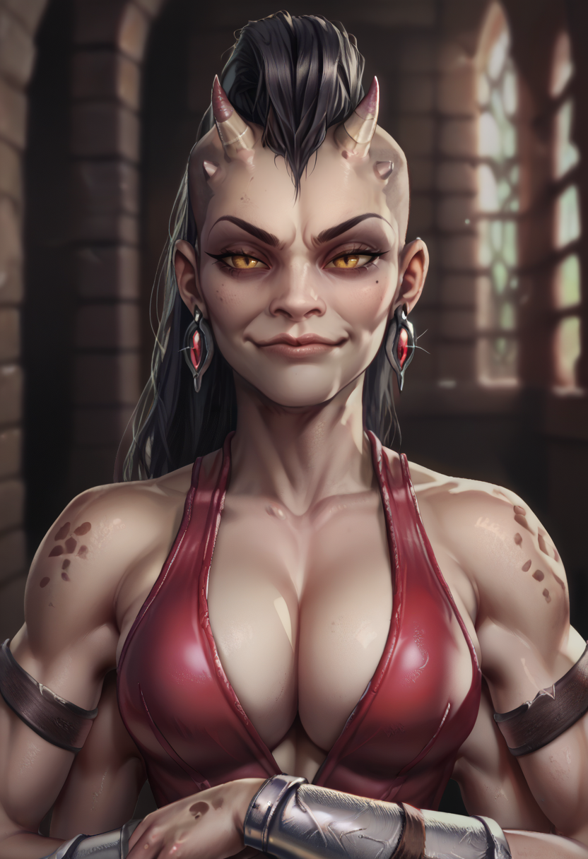 score_9,score_8_up,score_7_up,score_6_up,
sheevaxl,4 arms, yellow eyes,
red one-piece swimsuit,bracer,earrings,black hair,toned,tiny  head horns,looking at viewer,cleavage,
smug,upper body,
dungeon,underground,
<lora:Sheevaxl:0.8>,