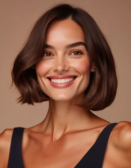 A close-up of a model with a chin-length, asymmetrical bob in dark brown hair, her sharp, angular features softened by her warm, brown eyes and gentle smile. <lora:usual-portrait-v2:1>