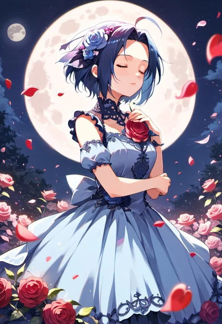 score_9, score_8_up, score_7_up, source_anime,miura azusa, blue hair, ahoge, short hair, red eyes, 1girl, flower, solo, closed eyes, moon, petals, dress, rose, heart, full moon, hair flower, hair ornament