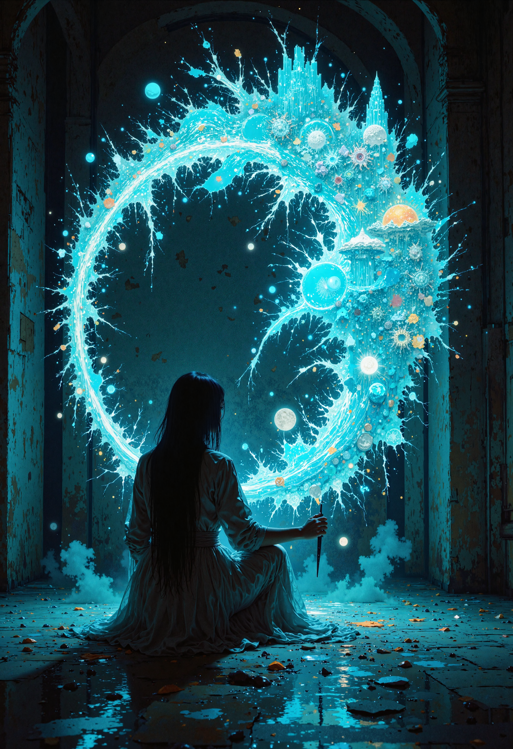 masterpiece, high-quality, A spectral artist kneels in an abandoned hall filled with floating canvases that glow faintly in the dim light. Her ink-stained hands trace the air with an oversized brush, leaving trails of shimmering color that form fragments of a surreal world: a city floating in the clouds, crystalline mountains erupting from a starlit sea, and rivers of glowing ink flowing upward into the void. The camera captures her from a dynamic side angle, emphasizing the swirling motion of her ethereal creations and the haunting glow of her flowing, ink-drenched garments. The hyperdetailed scene brims with creativity and a sense of fleeting beauty, <lora:FLUX\FantasticalRealismV2:1.0>