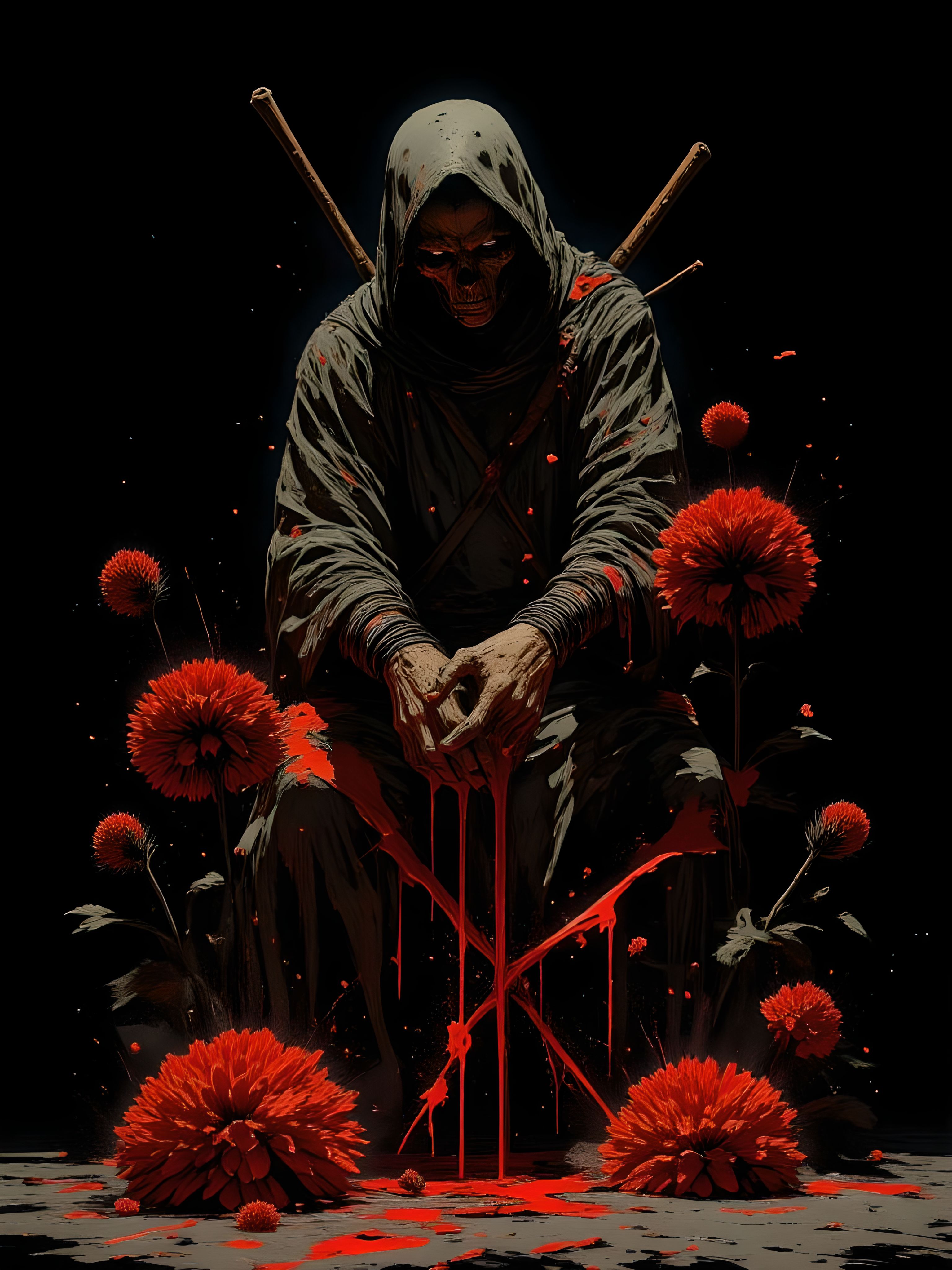 In a cinematic, low-key setting with a black background, an abstract Death Reaper stands amidst a scattering of dark, crimson flowers. The reaper's figure is rendered in bold, textured brushstrokes, as if scraped from a canvas with reckless abandon. The red blooms seem to writhe and twist around the reaper's legs like living darkness, their petals torn and tattered. The overall mood is one of foreboding and unease, the art's complexity and grunge texture evoking a sense of macabre beauty. mythp0rt, aidmaimageupgrader, aidmaMJ6.1m, detailmaximizer, ne0nfant4sy, drkfnts <lora:aidmaImageUpgrader-FLUX-V0.2:1.0> <lora:flux.1_lora_flyway_Epic-detail_v2:0.8> <lora:aidmaMJ6.1_aidmaMJ6.1-FLUX-v0.4:0.6> <lora:mythp0rt_FluxMythP0rtr4itStyle:0.7> <lora:ne0nfant4sy_NeonFantasyPrimeFLUX-000049:0.8> <lora:drkfnts style_sxz-Dark-Fantasy-v2-Flux:0.8> <lora:Luminous_Shadowscape-000016:0.6>
