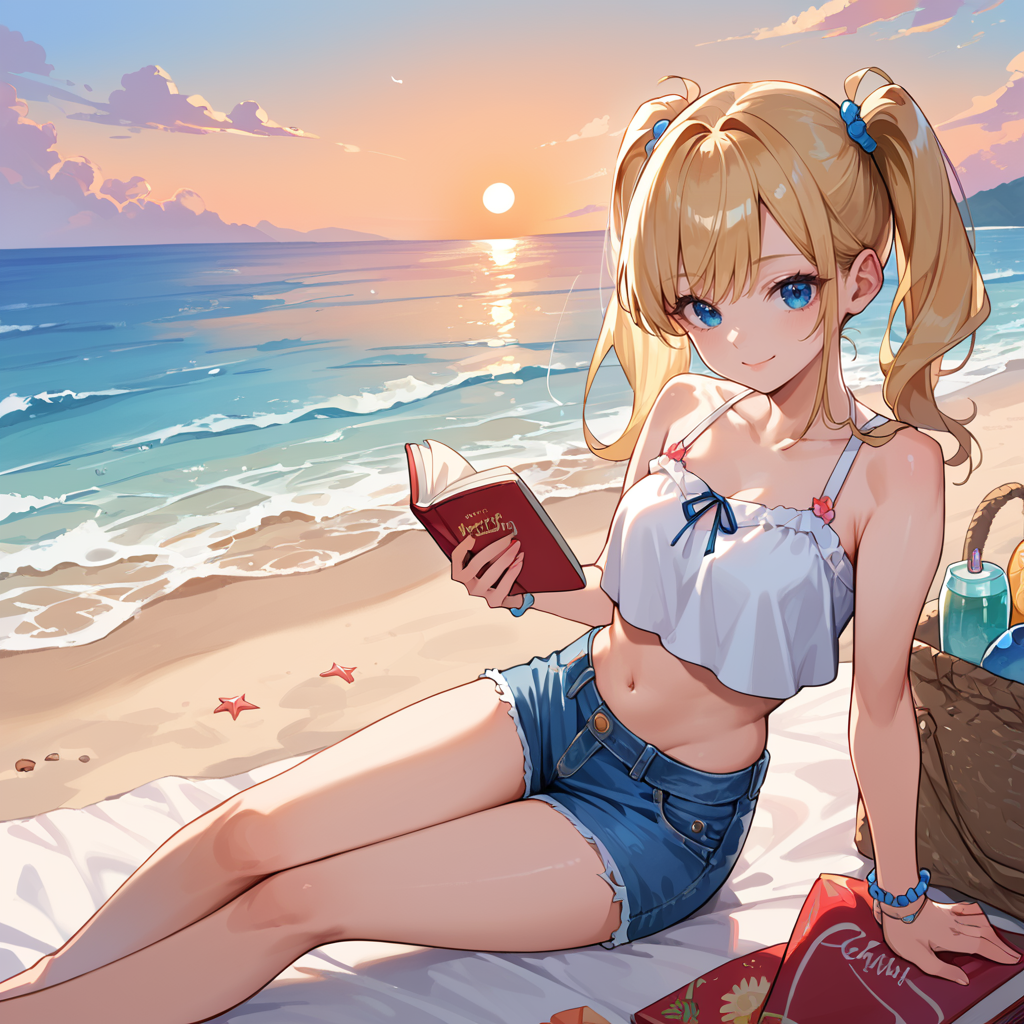 score_9, score_8_up, score_7_up,source_anime, 1girl, blonde hair, twintails, blue blue eyes, light smile, sitting, holding book, white crop top, blue denim shorts, beach, sunset,