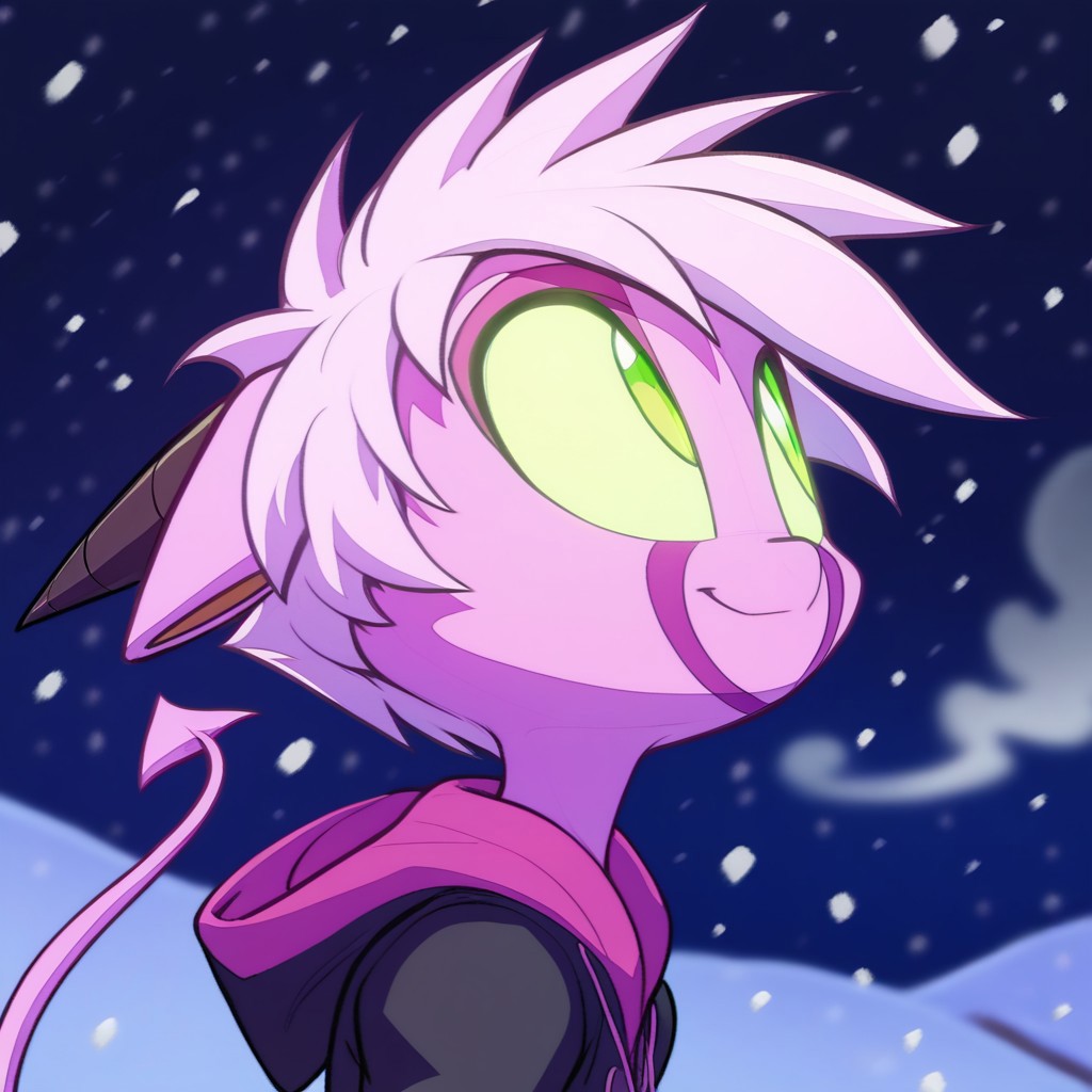 score_9, score_8_up, score_7_up, Dreamkeepers,namah_calah, solo,,tail,green eyes,pink fur, demon tail,<lora:dreamkeepers_multipleCharacters:0.8>,
,expressiveh,source_anime,best quality,masterpiece, high detail, high quality, high eye detail, high face detail, high body detail, depth of field, cinematic lighting, 
Short hair,
mouth is slightly open, standing, (((steam from the mouth))), (((look up))), smile,
black winter jacket, white fur on the hood
winter, (((snowfall))), snow, night, dawn, snow field,
Portrait, side view, upper body, (((far away))), (((4k))),