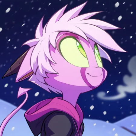 score_9, score_8_up, score_7_up, Dreamkeepers,namah_calah, solo,,tail,green eyes,pink fur, demon tail,<lora:dreamkeepers_multipleCharacters:0.8>,
,expressiveh,source_anime,best quality,masterpiece, high detail, high quality, high eye detail, high face detail, high body detail, depth of field, cinematic lighting, 
Short hair,
mouth is slightly open, standing, (((steam from the mouth))), (((look up))), smile,
black winter jacket, white fur on the hood
winter, (((snowfall))), snow, night, dawn, snow field,
Portrait, side view, upper body, (((far away))), (((4k))),