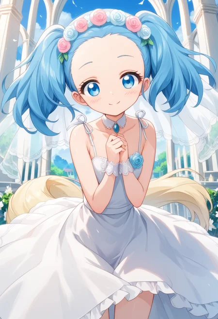 score_9, score_8_up, score_7_up, score_6_up, score_5_up, BREAK
sapphiehuman, twintails, blue eyes, blue hair, tail, hair ornament, head wreath, 1girl, solo, smile, blush, looking at viewer, wedding dress, wedding veil, church, forehead