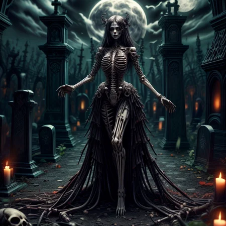 masterpiece,best quality,absurdres,high details,8K,photorealistic,at distance,cowboy shot,1girl,amaizing body,long hair,makeup,outstretched arms,full body front photo,symmetrical pose,necromancer,bones ornament,(graveyard:1.4),skeletons come out of the ground,<lora:Concept_-_More_Details_v1.0:1>,<lora:EvilM:0.3>,creature,ancient,dark,evil,<lora:Concept_-_Hella-sthetic_v2:0.3>,full moon,<lora:Clothes_-_Bone_Dress_v1:0.7>,dgBones,dress made of bones,, intricate, elegant, highly detailed, symmetry, magical atmosphere, sharp focus, majestic, very coherent, radiant, advanced, cinematic, artistic, fine detail, winning, beautiful, stunning, dramatic light, designed, rich deep colors, perfect professional background, ambient, tailored set composition