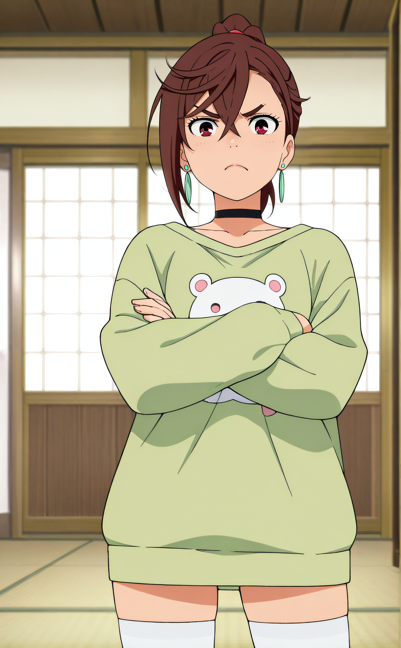masterpiece, best quality, highres, newest, 1girl, solo, official style, anime screencap, <lora:Ayase_Momo:1>, momo, brown hair, red eyes, short hair, ponytail, earrings, jewelry, choker, green sweater, white thighhighs, looking at viewer, frown, crossed arms, standing, indoor
