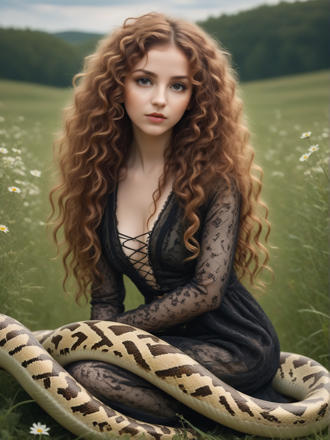 1girl, close-up, long wild curly hair, boho gothic style clothing, Sitting on a step of a vardo in a meadow of wild flowers, whimsical, sky,
<lora:Serpent_World:1> snake