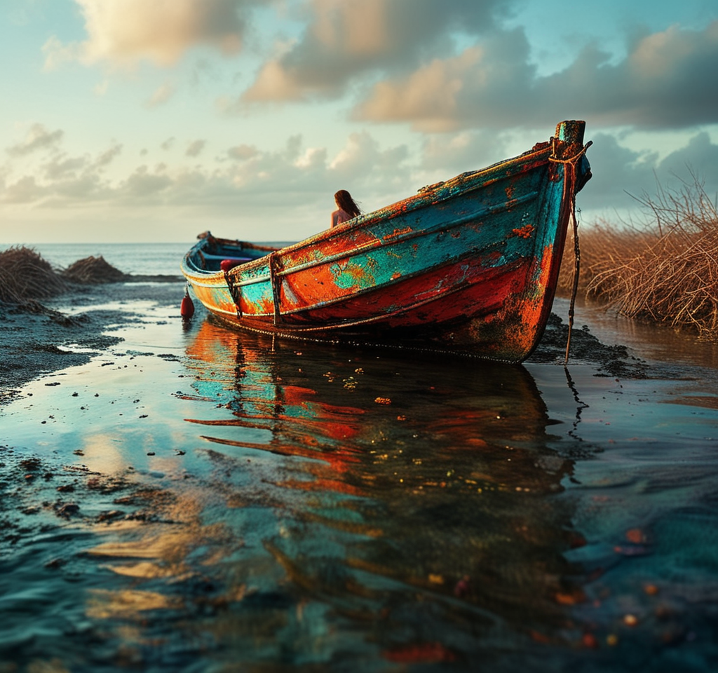 a beautiful boat, art by David Mould, Brooke Shaden, Ingrid Baars, Mordecai Ardon, Josh Adamski, Chris Friel, lots of colors, a coral seabed can be seen through the shallow waters
