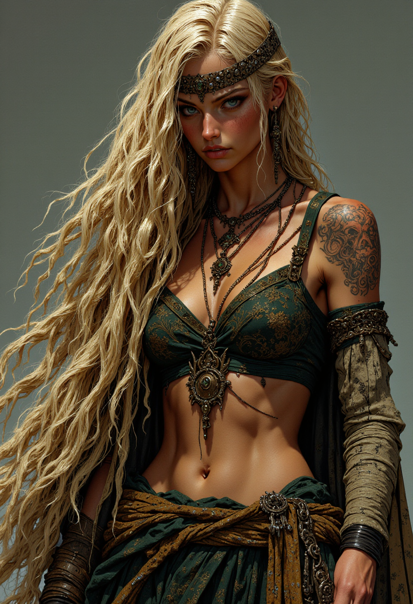 young woman, full-body woman with a rude appearance, midriff, long mesy blond hair, in bohemian style clothing, eyes blue.
<lora:FluxMythP0rtr4itStyle:0.6> <lora:flux.1_lora_flyway_Epic-Characters_v1:0.6> <lora:Elden_Ring_-_Yoshitaka_Amano:0.33>