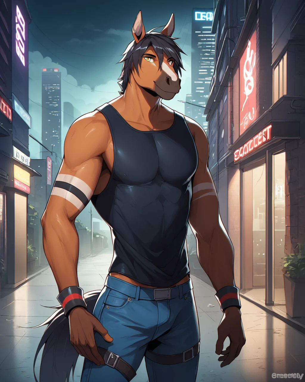 score_9, score_8_up, score_7_up, rating_questionable, intricately detailed,
<lora:Glacier:1>, n0tgl4ci13r,
1boy(anthro furry, horse, equine tail, large and muscular, simple earrings, multiple narrow glowstick wristbands, black sleeveless shirt, tight jeans, looking at the viewer, solo, smiling, cowboy shot, solo), standing in a narrow alleyway behind an inner city nightclub, new york, at night, dark cloudy sky, midnight, darkness, shadows, building backdoor, dimly lit, depth of field, detailed background, new york, at night, dark cloudy sky, midnight, darkness, shadows, building backdoor, dimly lit, depth of field, detailed background
,
<lora:ral-chrosc-clr:0.6>, ral-chrosc-clr,
<lora:Expressive_H:0.5>, expessiveH,
<lora:xl_more_art-full_v1:0.3>,
<lora:add-detail-xl:0.3>