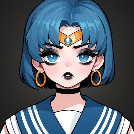 score_9, score_8_up, score_7_up, score_6_up, score_5_up, score_4_up,
BREAK
sailor mercury, blue hair, short hair, blue eyes, circlet, black eyeshadow, black eyeliner, long eyelashes, black choker, black lips, thick lips, pout, half-closed eyes, hoop earrings, bags under eyes, looking at viewer,
BREAK
solo, portrait, blue serafuku, blue sailor collar,
BREAK
black background, simple background, angled shot, <lora:Lunas-Rabbit-SDXL-A1:1>