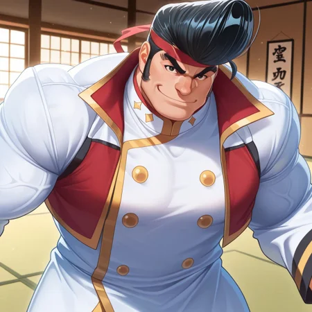 safe_pos, safe_pos, source_anime, detailed background, (score_9, score_8_up, score_7_up), zoroj, masterpiece, best quality, high quality, ultra detailed, highly detailed, high detail, artistic lighting, (highly detailed face, (perfect face, perfect eyes)), depth of field, perfect soft lighting, best shadows, perfect reflections, volumetric, detailed image, high resolution, defined faces, sharp definition,
solo, 1boy, male focus, Gong Strong, black eyes, black hair, pompadour, sideburns, red headband, white jacket with long sleeves, buttoned white coat with gold trim, white pants, short red vest with gold trim, high collar, musclebears, muscular male, bara, hyper muscles, veiny muscles,
dojo, tatami mat, cowboy shot, standing, looking at viewer, smile,