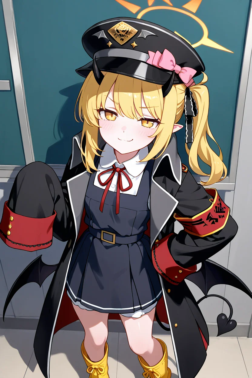 masterpiece, best quality, 1girl, solo, 21 year old model, eyelashes, (beautiful eyes), ,,, zzIbuki, yellow eyes, yellow halo, blonde hair, long hair, tail, side ponytail, horns, demon horns, black horns, hair ribbon, pointy ears, wings, demon wings, black wings, tail, demon tail, horns, black tail, demon horns, black horns, demon girl, low wings, hair ribbon, neck ribbon, black headwear, red ribbon, peaked cap, black coat, collared shirt, long sleeves, open coat, pinafore dress, sleeves past fingers, black dress, hat bow, white shirt, yellow footwear, boots, white shorts, oversized clothes, red armband, military hat, pink bow, <lora:IbukiBlueArchiveIXL:1.0>,cowboy shot, hand on hip, smug, smile, looking at viewer, shiny skin,