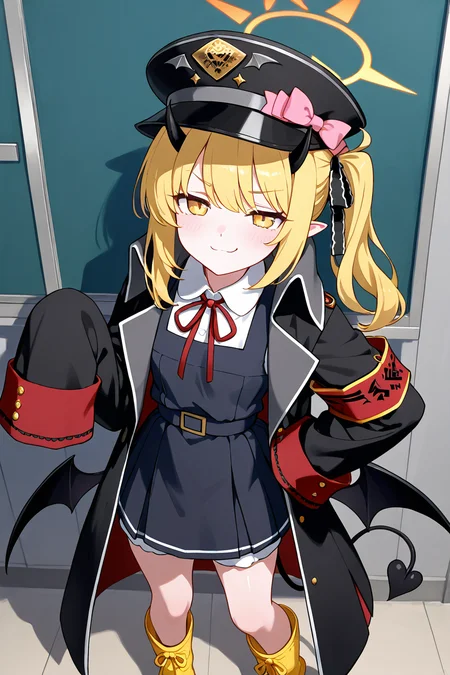 masterpiece, best quality, 1girl, solo, 21 year old model, eyelashes, (beautiful eyes), ,,, zzIbuki, yellow eyes, yellow halo, blonde hair, long hair, tail, side ponytail, horns, demon horns, black horns, hair ribbon, pointy ears, wings, demon wings, black wings, tail, demon tail, horns, black tail, demon horns, black horns, demon girl, low wings, hair ribbon, neck ribbon, black headwear, red ribbon, peaked cap, black coat, collared shirt, long sleeves, open coat, pinafore dress, sleeves past fingers, black dress, hat bow, white shirt, yellow footwear, boots, white shorts, oversized clothes, red armband, military hat, pink bow, <lora:IbukiBlueArchiveIXL:1.0>,cowboy shot, hand on hip, smug, smile, looking at viewer, shiny skin,