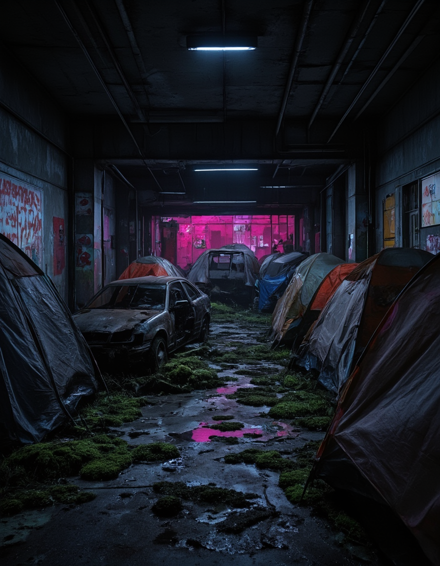 <lora:CW02_Lost_Officev2fluxc:1> homeless tents, tents, abandonned car garage, no car lights, car wreck, wet, wet spots, dirty, very dark foreground, moss, pink light on the background, kanji,