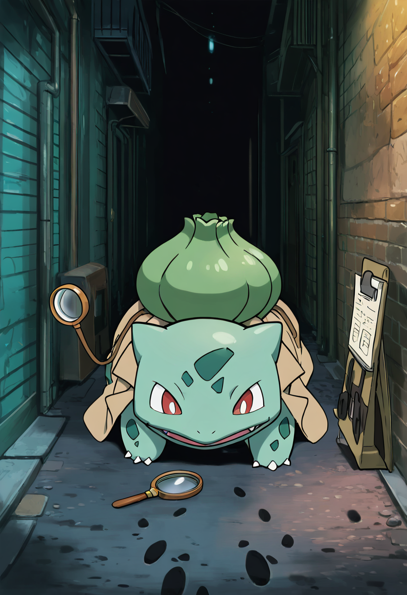 masterpiece, best quality, no humans,    zzBulbasaur,  trench coat, detective hat, magnifying glass, mysterious alley, tiny notepad, dramatic shadows, solving a case, intense expression, footprints in the dirt  ,<lora:BulbasaurPokedex_IXL:1.0>,