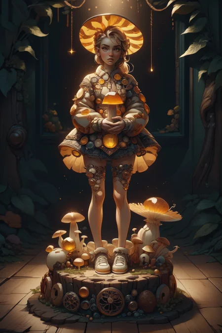 breathtaking 1girl, full shot, full body, <lora:ral-mushroomz:1> mushroomz <lora:citrine-style-darquelilly-v1:1> citrinegemstyle, masterpiece, award-winning, professional, highly detailed, low key lighting, chiaroscuro lighting