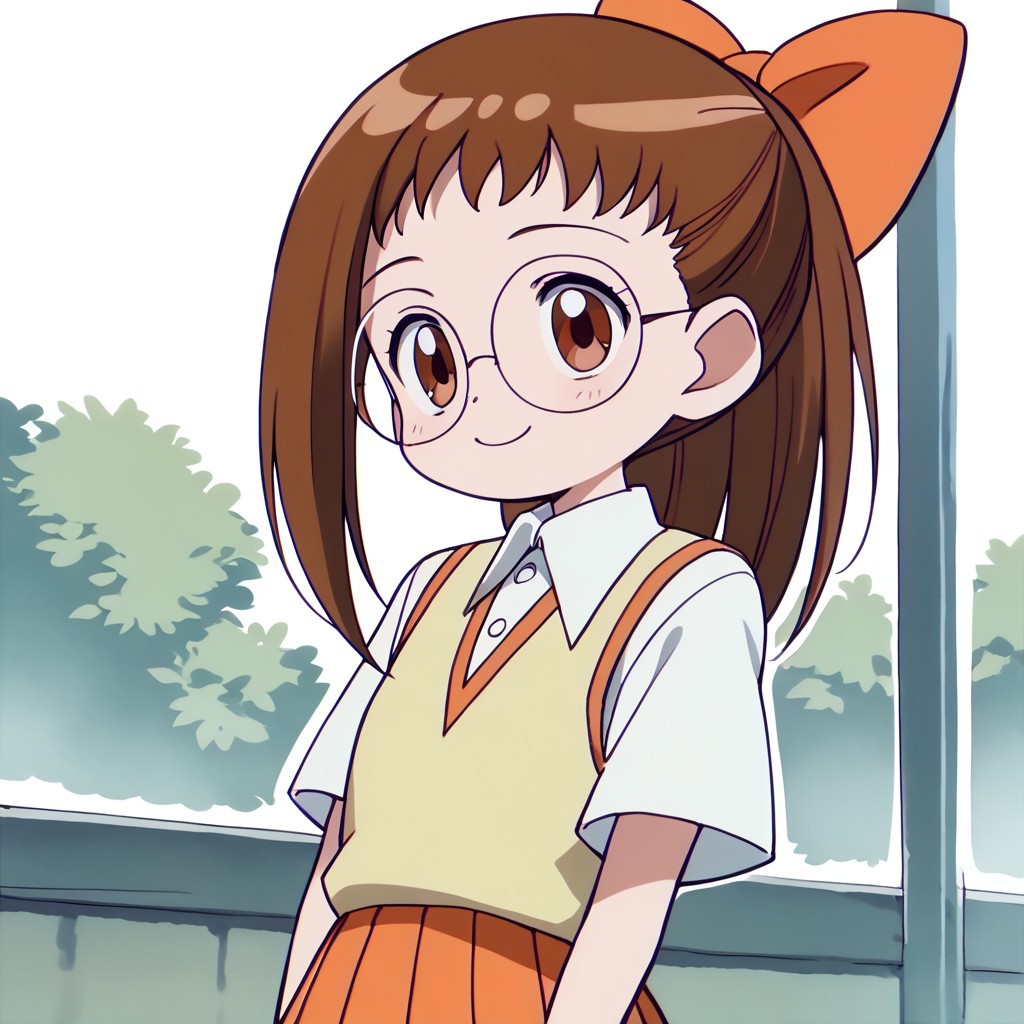 score_9, score_8_up, score_7_up BREAK Hazuki1, 1girl, brown hair, ponytail, brown eyes, glasses, orange bow, soft yellow waistcoat, short-sleeved collared white buttoned shirt, pleated orange skirt, cowboy shot, smiling,