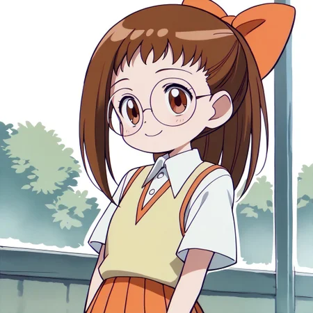 score_9, score_8_up, score_7_up BREAK Hazuki1, 1girl, brown hair, ponytail, brown eyes, glasses, orange bow, soft yellow waistcoat, short-sleeved collared white buttoned shirt, pleated orange skirt, cowboy shot, smiling,
