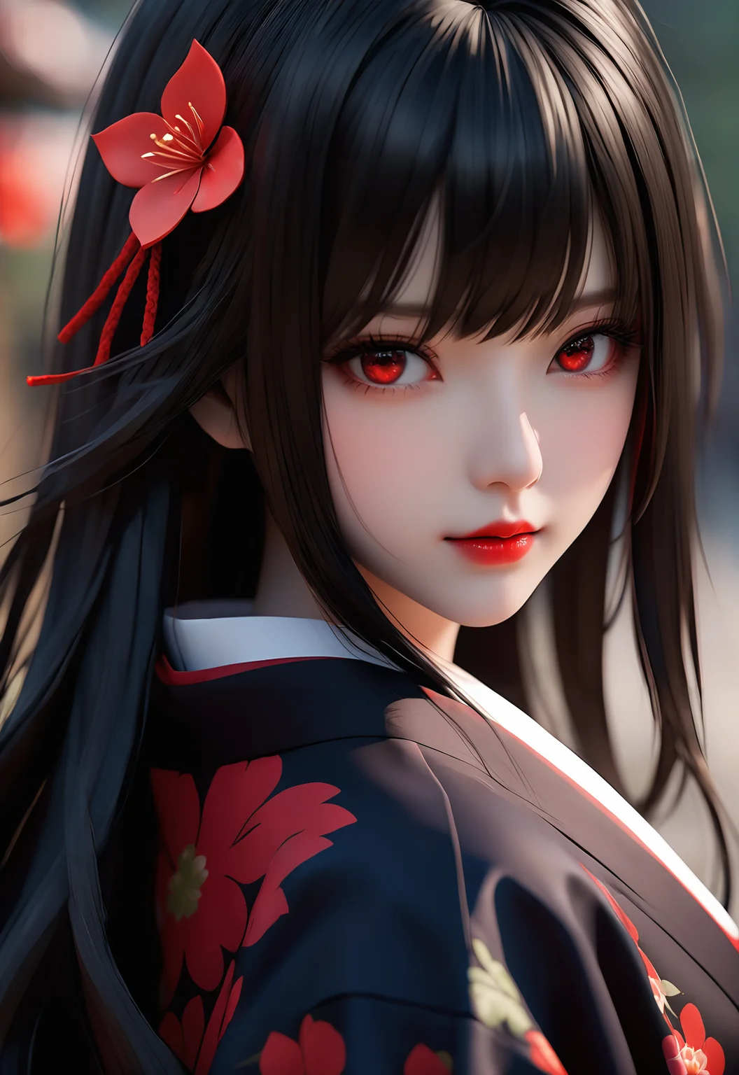 i want the whole image to be created in 3D anime style, 1girl, solo, long hair, looking at viewer, bangs, black hair, red eyes, hair between eyes, upper body, parted lips, japanese clothes, kimono, blurry, from side, lips, depth of field, blurry background, floral print, realistic, red lips, vampire