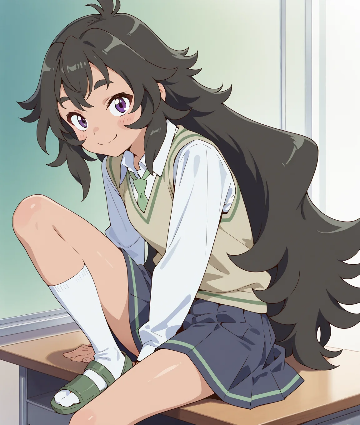 (masterpiece:1.4), (best quality:1.4),  very aesthetic,illustration, newest,best quality, amazing quality, very aesthetic, absurdres,
1girl,kouki_kokoro,purple eyes, black hair,  long hair, very long hair,messy hair,ahoge, 
 <lora:kouki_kokoro:1>
yusen_school uniform,  green necktie,white shirt, sweater vest,  very long hair, blue skirt, brown sweater vest, long sleeves,collared shirt, pleated skirt, wavy hair, white socks,knee highs,sandals
sitting,on desk,pinup
,smile,looking at viewer