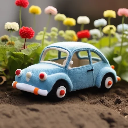 A car was driving in the garden<lora:[XL]Felt_Craft:1>