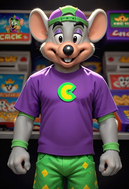 score_9, score_8_up, score_8, <lora:Charles_Entertainment_Cheese_Avenger_Chuck_E._Cheese_for_PonyXL:0.7> furry, 1boy, chuck3chee3e, mouse boy, male focus, hat, solo, buck teeth, black eyes, backwards hat, purple shirt, green shorts, arcade