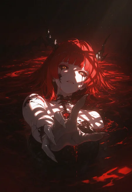 Smooth Quality, IllusP0s, masterpiece, best quality, very aesthetic, amazing quality, ((red ocean background, chromatic aberration, raytracing, pale gradient eyes)), ((Chiaroscuro Lighting Style, dramatic lighting, drastic contrast)), massive red ocean, absurdres, Classical Chinese Brush and Ink, (1space dragon girl , elemental spirit girl, silver skin, cracked skin), glowing third eye, green third eye, ((hime cut, red hair, limited red palette)), black sclera, perfect eyes, dynamic angles, ((staring at viewer, lots of black tears, sobbing)), claws reaching out of red ocean, drowning, in red ocean, upper body