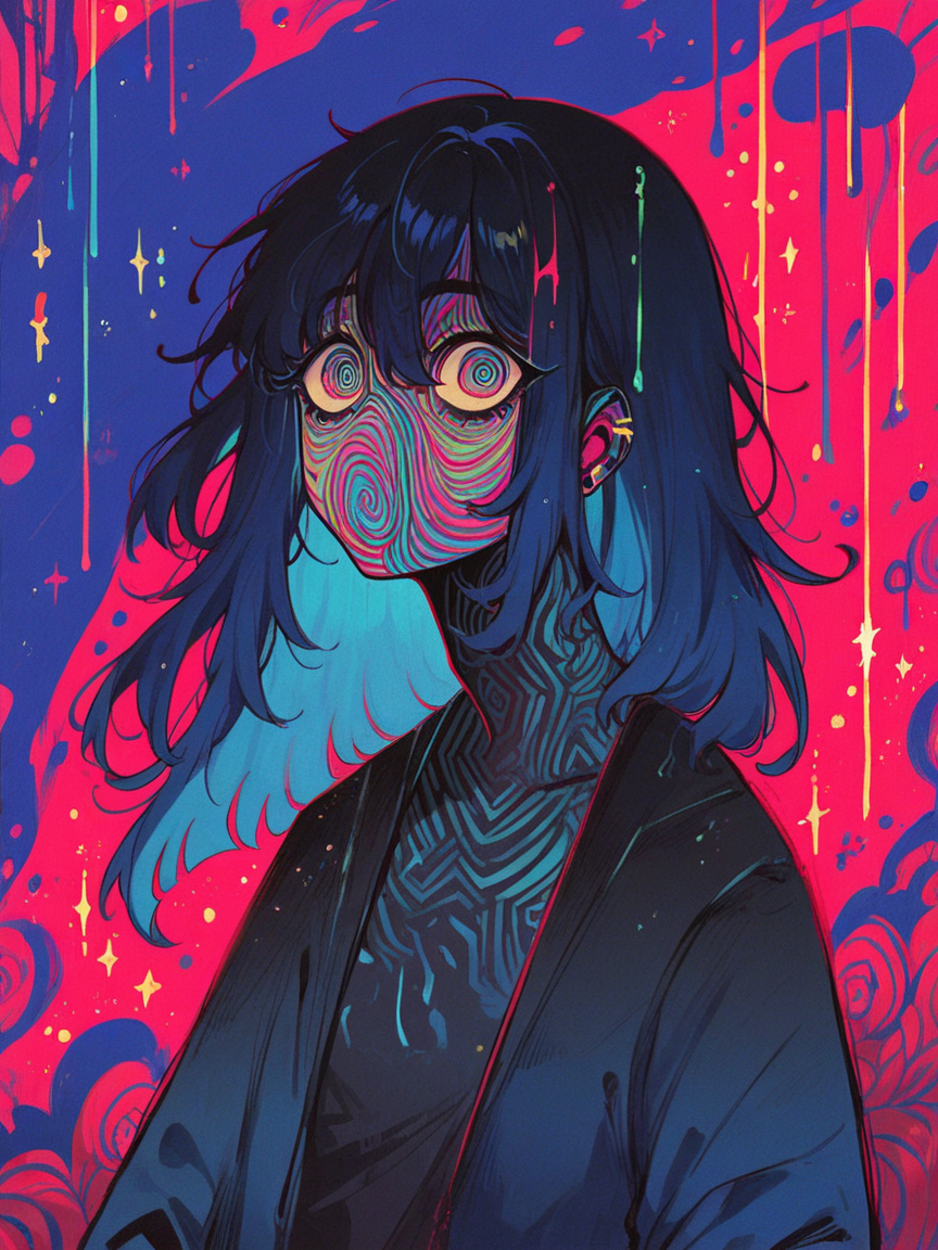 score_9, score_8_up, score_7_up, score_6_up, score_5_up, score_4_up,   <lora:f3nn3rXLP:0.9> f3nn3r, 1girl, colourful, pink, blue, black, red, trippy