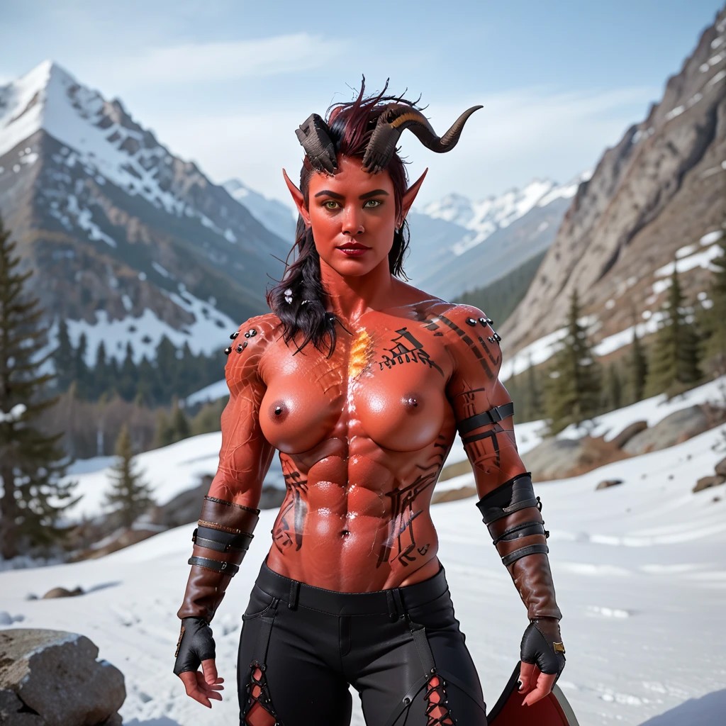 nude body shot, fire in chest, scars, powerful warrior, karlach black horns red skin tail muscular huge breasts 1girl solo freckles horns axe pointy ears blurry background looking at viewer black hair blurry portrait yellow eyes red skin long hair lips outdoors artist name demon girl colored skin score_9 score_8_up score_7_up action scene movie stil  hyperrealistic, realstic, boots, tail, staning, modeling, abs, muscles , long legs gloves bracers, snow, mountains, hills, camp