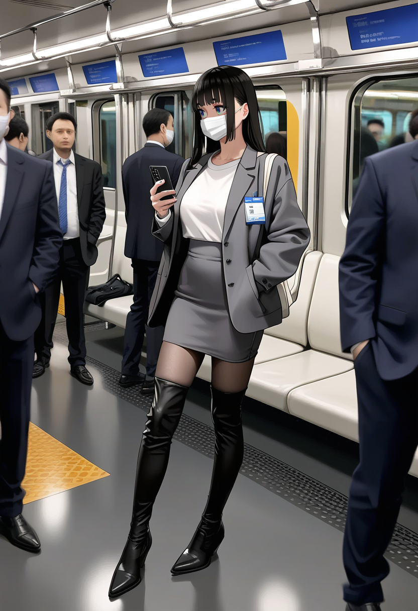as109,yomu \(sgt epper\),omone hokoma agm,chen bin,(cowboy shot:1.3),cinematic angle,from side,profile,1girl,solo,high-waist pantyhose,black pantyhose,pantyhose under boots,highly detailed BREAK <lora:ZaraCBB-000009:1:lbw=CLOTHE>,zaracbb,thigh boots,boots,black footwear,leather boots BREAK black hair,long straight hair,side blunt bangs,hime cut BREAK absurdres,highly-detailed,best quality,masterpiece,amazing shading,detailed illustration,zaracbb,white shirt tucked in,black blazer,open jacket,grey skirt,white mouth mask,blue eyes BREAK shoulder bag,standing,<lora:StS_PonyXL_Detail_Slider_v1.4_iteration_3:3>,<lora:E235_PONY_V1:0.6>,e235,depth of field,crowded,crowd,train interior,scenery,seat,window,screen,holding cellphone,(looking at phone:1.3),hand in pocket,