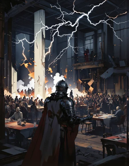 Art by Richard Anderson. A dramatic digital illustration shoot from a bird's eye view about a knight in full armor stands guard over a chaotic scene, looking down at a large crowd. the image also shows a dramatic lighting effect with lightning and abstract structures in the background. on the middle of the image, a knight, who appears to be in his mid-twenties, is standing with his back to the viewer, facing away from the viewer. he is wearing full armor, including helmets, breastplate, and gauntlets, and is holding a cup in his right hand. the knight is positioned in the foreground, with his upper body visible, and his face is obscured by the helmet. he has a stern expression on his face. the scene is set in a dark, industrial environment, with tables and chairs scattered throughout, and the atmosphere is filled with chaos and destruction. the overall color palette is dark and moody, with a focus on dramatic lighting effects.