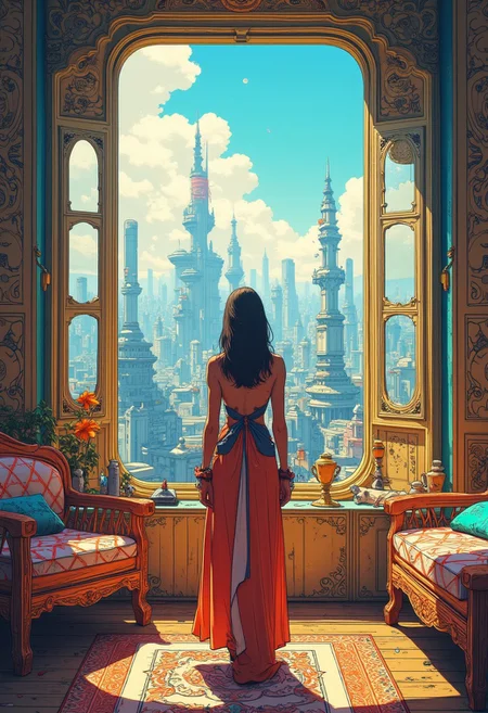 A woman dressed in a stylish dress stands in a room with large windows. The room is furnished carved furniture. The window looks out on a solarpunk forest city. The scene is reminiscent of the works of artists like Syd Mead, Simon Stalenhag, and Rovina Cai, with a vibrant, solarpunk aesthetic, rich in intricate details and textures. cyberpunk