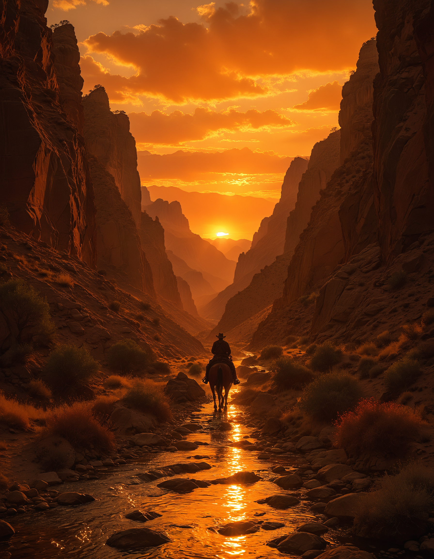 A breathtaking scene of a lone cowboy riding a horse through a narrow canyon at sunset, dramatic lighting, the sun sets behind distant mountains, casting a warm fiery glow across the sky and reflecting off the stream that flows through the canyon, The cowboy silhouetted against the vibrant orange and pink hues, The rugged landscape is dotted with sparse vegetation and rocky terrain, adventure and solitude, western scene, <lora:MJ52:0.5>, <lora:add-detail-xl:1>, <lora:zavy-cntrst-sdxl:0.7>, <lora:- SDXL - vanta-black_contrast_V3.0:0.7>