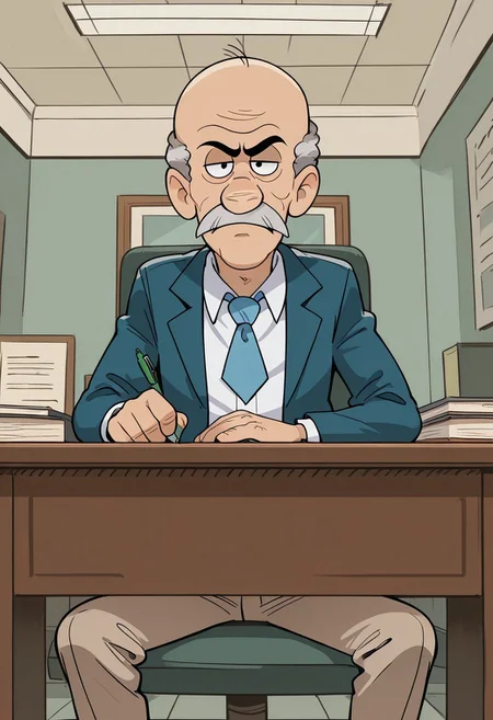 masterpiece, best quality, amazing quality, very aesthetic, absurdres, newest, high quality, detailed, WilburHuggins, 1boy, male, solo male, human, mature male, black eyes, short grey hair, mustache, facial hair, old man, white shirt, blue tie, navy blue jacket, tan pants, indoors, office, school, principal, sitting, sitting at desk, looking at viewer, half lidded eyes, grumpy, half body