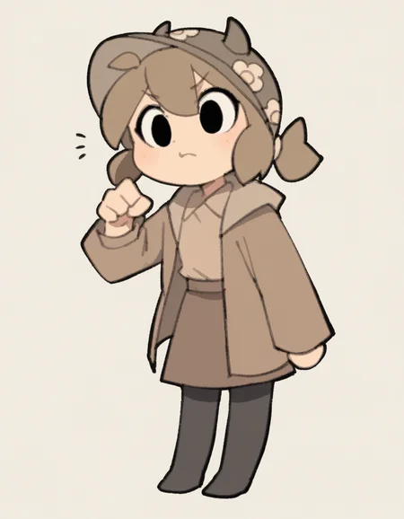 zPDXL, score_9, score_8_up, score_7_up, source_anime, flat color, sketch,
1girl, solo, speaking, talking, (horns pose), brown hair, low ponytail, brown hat, brown jacket, brown shirt, brown skirt, black leggings, black eyes, chibi,
<lora:TemmieChang_ver2:1> tmchng,