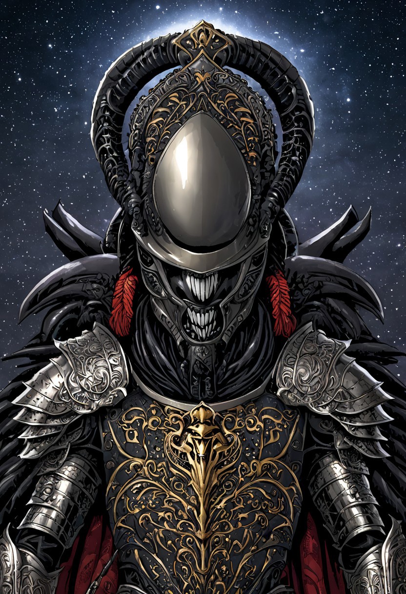 An insanely Detailed Divine Xenomorph, Golden and silver in color, a crimson tinge to the golden color, Hyperdetailed, Omnipresent, Beautiful, Sinister overtones, otherworldly,((masterpiece, best quality)), fantasy, solo, 1 alien knight, silver armor chestplate with silver medieval ornaments and runes, galactic night sky background, perfect composition, sidelighting, outdoor,