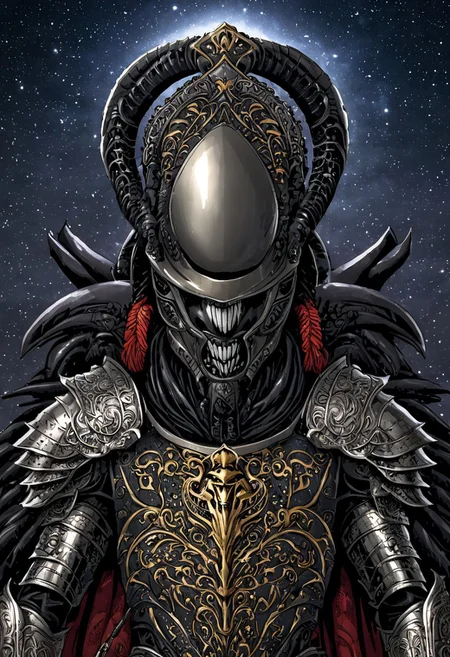 An insanely Detailed Divine Xenomorph, Golden and silver in color, a crimson tinge to the golden color, Hyperdetailed, Omnipresent, Beautiful, Sinister overtones, otherworldly,((masterpiece, best quality)), fantasy, solo, 1 alien knight, silver armor chestplate with silver medieval ornaments and runes, galactic night sky background, perfect composition, sidelighting, outdoor,