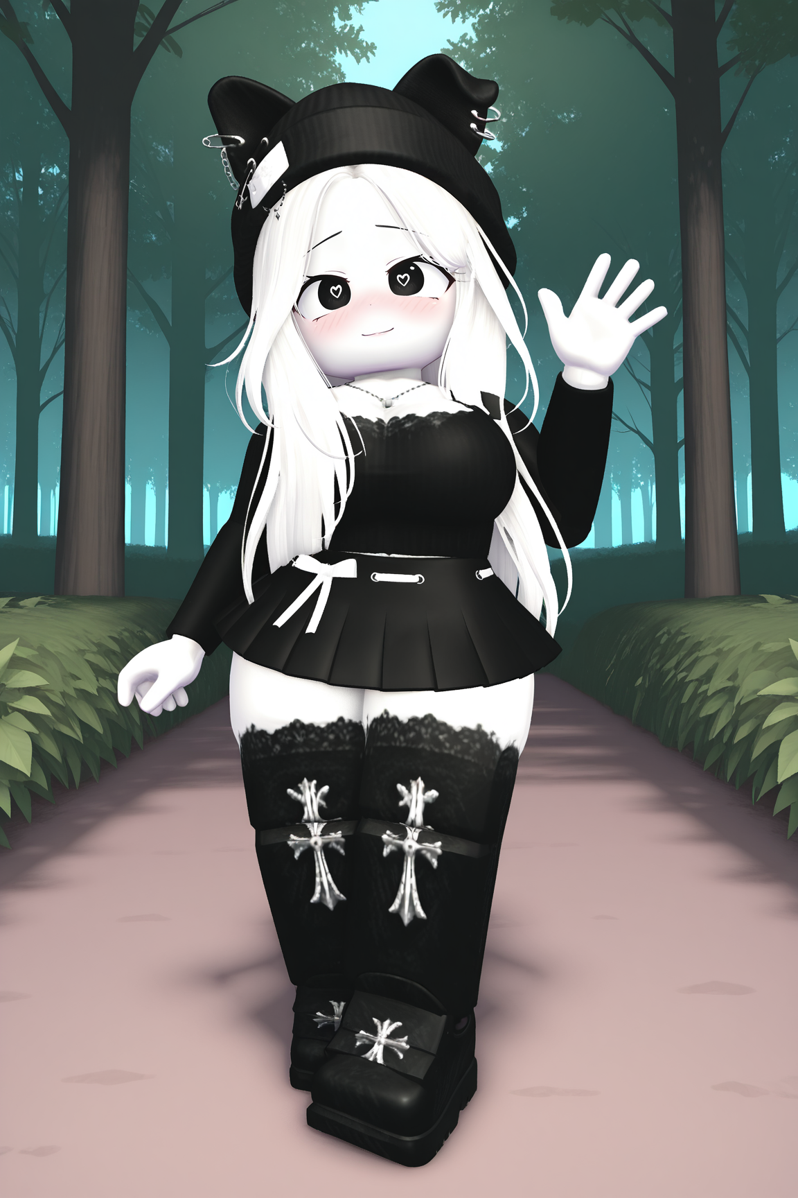 masterpiece,best quality,amazing quality, BREAK, TheBrayanVTOCILXL, white skin, colored skin, black eyes, heart-shaped pupils, white hair, long hair, parted bangs, black beanie, animal ears, black ears, ears through headwear, ear piercing, large breasts, necklace, black shirts, long sleeves, white ribbon, black skirt, black thighhighs, black shoes, solo, full body, standing, waving, seductive smile, looking at viewer, naughty face, nose blush, forest, tree  <lora:TheBrayanVTOCILXL:1>