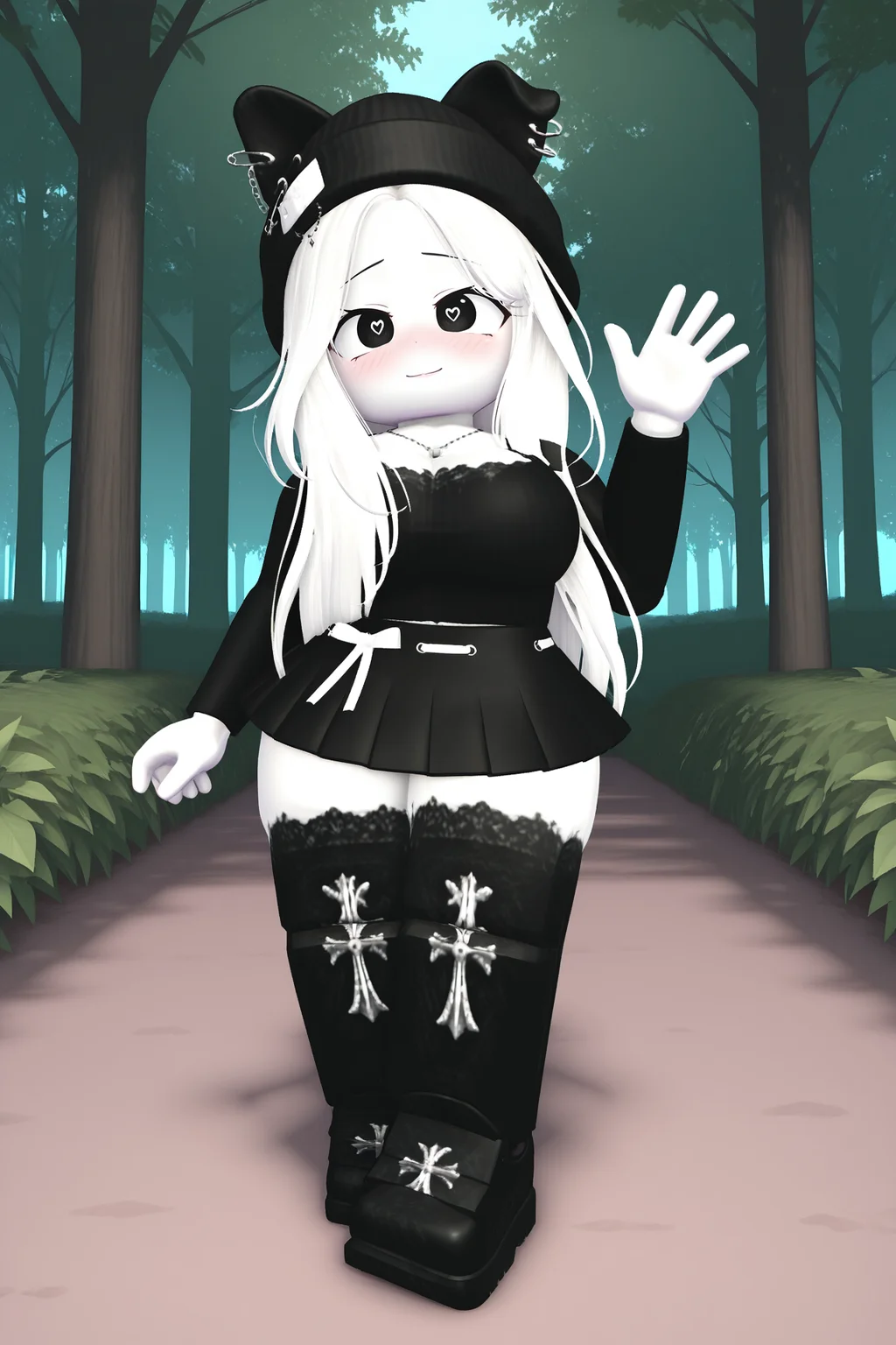 masterpiece,best quality,amazing quality, BREAK, TheBrayanVTOCILXL, white skin, colored skin, black eyes, heart-shaped pupils, white hair, long hair, parted bangs, black beanie, animal ears, black ears, ears through headwear, ear piercing, large breasts, necklace, black shirts, long sleeves, white ribbon, black skirt, black thighhighs, black shoes, solo, full body, standing, waving, seductive smile, looking at viewer, naughty face, nose blush, forest, tree <lora:TheBrayanVTOCILXL:1>