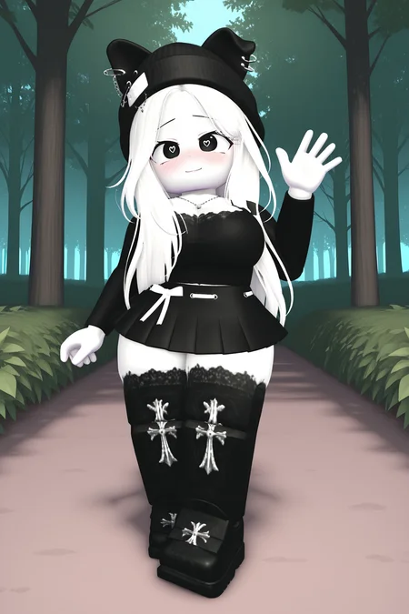masterpiece,best quality,amazing quality, BREAK, TheBrayanVTOCILXL, white skin, colored skin, black eyes, heart-shaped pupils, white hair, long hair, parted bangs, black beanie, animal ears, black ears, ears through headwear, ear piercing, large breasts, necklace, black shirts, long sleeves, white ribbon, black skirt, black thighhighs, black shoes, solo, full body, standing, waving, seductive smile, looking at viewer, naughty face, nose blush, forest, tree <lora:TheBrayanVTOCILXL:1>